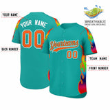 Custom Aqua Graffiti Pattern Personalized Multicolored Flames Print Authentic Baseball Jersey