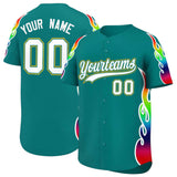 Custom Aqua Graffiti Pattern Personalized Multicolored Flames Print Authentic Baseball Jersey