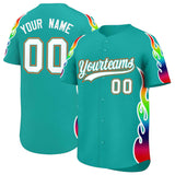 Custom Aqua Graffiti Pattern Personalized Multicolored Flames Print Authentic Baseball Jersey