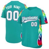 Custom Aqua Graffiti Pattern Personalized Multicolored Flames Print Authentic Baseball Jersey