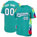 Custom Aqua Graffiti Pattern Personalized Multicolored Flames Print Authentic Baseball Jersey