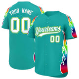 Custom Aqua Graffiti Pattern Personalized Multicolored Flames Print Authentic Baseball Jersey
