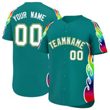 Custom Aqua Graffiti Pattern Personalized Multicolored Flames Print Authentic Baseball Jersey