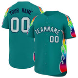 Custom Aqua Graffiti Pattern Personalized Multicolored Flames Print Authentic Baseball Jersey