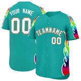 Custom Aqua Graffiti Pattern Personalized Multicolored Flames Print Authentic Baseball Jersey