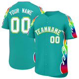 Custom Aqua Graffiti Pattern Personalized Multicolored Flames Print Authentic Baseball Jersey
