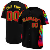 Custom Black Graffiti Pattern Personalized Multicolored Flames Print Authentic Baseball Jersey