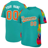 Custom Aqua Graffiti Pattern Personalized Multicolored Flames Print Authentic Baseball Jersey