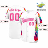 Custom White Graffiti Pattern Personalized Multicolored Flames Print Authentic Baseball Jersey