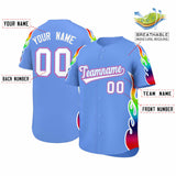 Custom Light Blue Graffiti Pattern Personalized Multicolored Flames Print Authentic Baseball Jersey