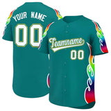 Custom Aqua Graffiti Pattern Personalized Multicolored Flames Print Authentic Baseball Jersey