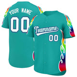 Custom Aqua Graffiti Pattern Personalized Multicolored Flames Print Authentic Baseball Jersey
