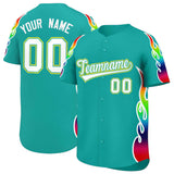 Custom Aqua Graffiti Pattern Personalized Multicolored Flames Print Authentic Baseball Jersey