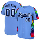 Custom Light Blue Graffiti Pattern Personalized Multicolored Flames Print Authentic Baseball Jersey