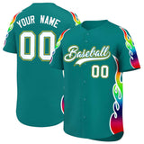 Custom Aqua Graffiti Pattern Personalized Multicolored Flames Print Authentic Baseball Jersey