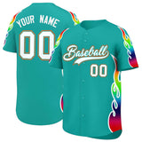 Custom Aqua Graffiti Pattern Personalized Multicolored Flames Print Authentic Baseball Jersey