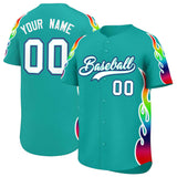 Custom Aqua Graffiti Pattern Personalized Multicolored Flames Print Authentic Baseball Jersey