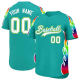 Custom Aqua Graffiti Pattern Personalized Multicolored Flames Print Authentic Baseball Jersey