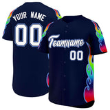 Custom Navy Graffiti Pattern Personalized Multicolored Flames Print Authentic Baseball Jersey