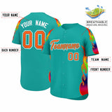 Custom Aqua Graffiti Pattern Personalized Multicolored Flames Print Authentic Baseball Jersey