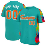 Custom Aqua Graffiti Pattern Personalized Multicolored Flames Print Authentic Baseball Jersey