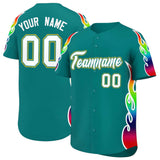 Custom Aqua Graffiti Pattern Personalized Multicolored Flames Print Authentic Baseball Jersey