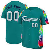 Custom Aqua Graffiti Pattern Personalized Multicolored Flames Print Authentic Baseball Jersey