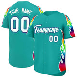 Custom Aqua Graffiti Pattern Personalized Multicolored Flames Print Authentic Baseball Jersey