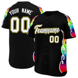 Custom Black Graffiti Pattern Personalized Multicolored Flames Print Authentic Baseball Jersey
