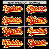 Custom Black Red and Gold Split Fashion Raglan Sleeves Authentic Baseball Hoodie Jersey