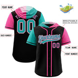 Custom Black Aqua and Pink Split Fashion Raglan Sleeves Authentic Baseball Hoodie Jersey