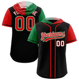 Custom Black Kelly Green and Red Split Fashion Raglan Sleeves Authentic Baseball Hoodie Jersey