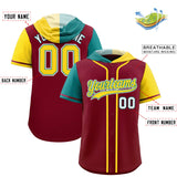 Custom Crimson Aqua and Gold Split Fashion Raglan Sleeves Authentic Baseball Hoodie Jersey