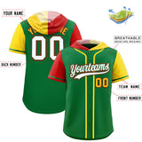 Custom Kelly Green Red and Gold Split Fashion Raglan Sleeves Authentic Baseball Hoodie Jersey