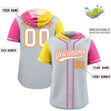 Custom Silver Gold and Pink Split Fashion Raglan Sleeves Authentic Baseball Hoodie Jersey
