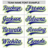 Custom White Royal and Neon Green Split Fashion Raglan Sleeves Authentic Baseball Hoodie Jersey