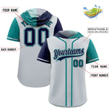 Custom Silver Navy and Aqua Split Fashion Raglan Sleeves Authentic Baseball Hoodie Jersey