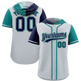 Custom Silver Navy and Aqua Split Fashion Raglan Sleeves Authentic Baseball Hoodie Jersey