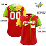 Custom Red Gold and Neon Green Split Fashion Raglan Sleeves Authentic Baseball Hoodie Jersey
