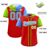 Custom Red Powder Blue and Neon Green Split Fashion Raglan Sleeves Authentic Baseball Hoodie Jersey