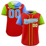 Custom Red Powder Blue and Neon Green Split Fashion Raglan Sleeves Authentic Baseball Hoodie Jersey