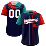 Custom Navy Aqua and Red Split Fashion Raglan Sleeves Authentic Baseball Hoodie Jersey