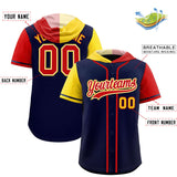 Custom Navy Gold and Red Split Fashion Raglan Sleeves Authentic Baseball Hoodie Jersey