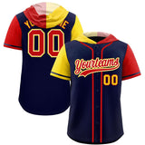 Custom Navy Gold and Red Split Fashion Raglan Sleeves Authentic Baseball Hoodie Jersey