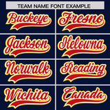 Custom Navy Gold and Red Split Fashion Raglan Sleeves Authentic Baseball Hoodie Jersey