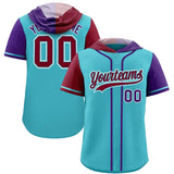 Custom Sky Blue Crimson and Purple Split Fashion Raglan Sleeves Authentic Baseball Hoodie Jersey