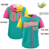 Custom Aqua Gold and Pink Split Fashion Raglan Sleeves Authentic Baseball Hoodie Jersey