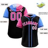 Custom Black Pink and Powder Blue Split Fashion Raglan Sleeves Authentic Baseball Hoodie Jersey