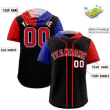 Custom Black Royal and Red Split Fashion Raglan Sleeves Authentic Baseball Hoodie Jersey