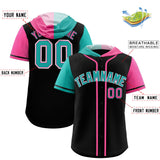 Custom Black Aqua and Pink Split Fashion Raglan Sleeves Authentic Baseball Hoodie Jersey